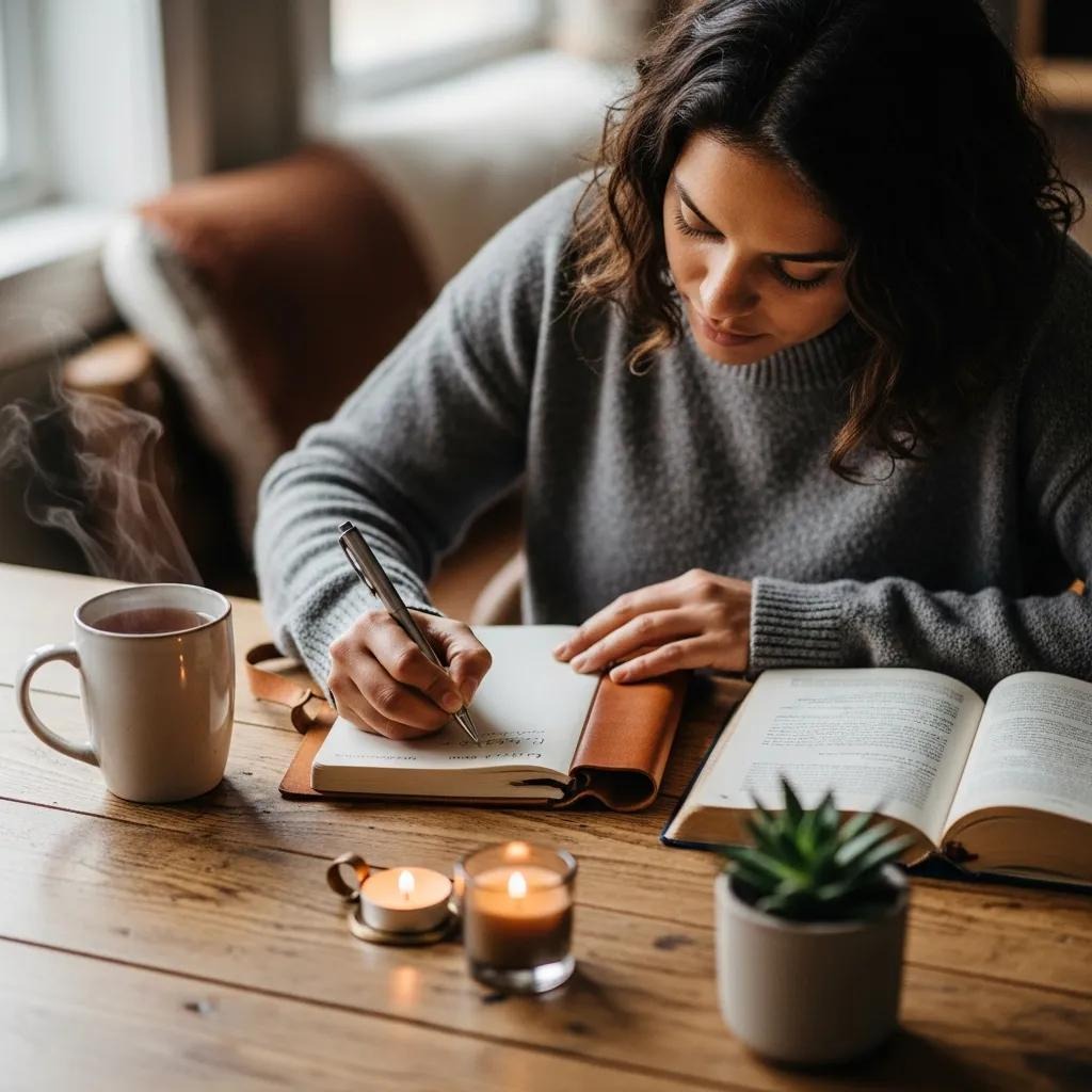 A woman sits at a wooden table writing in a notebook with an open book beside her, a steaming mug, two lit candles, and a small potted plant in a cozy, softly lit room.