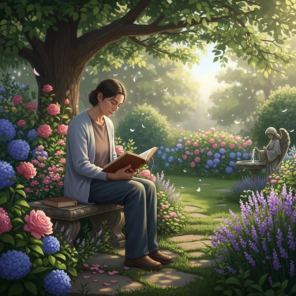 A woman sits on a stone bench in a lush garden, reading a book. She is surrounded by blooming flowers and trees, with sunlight filtering through. A stone angel statue sits on a pedestal nearby. Petals float gently in the air.