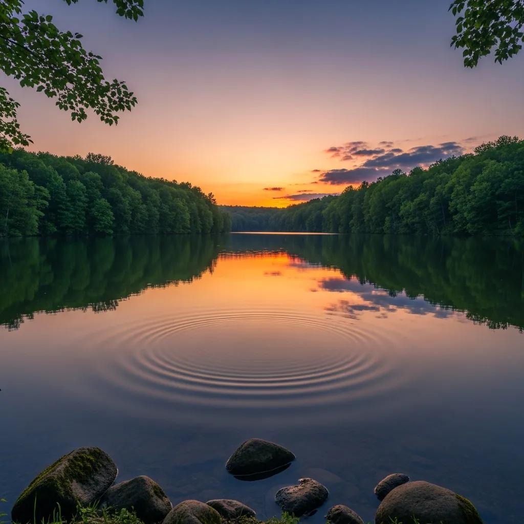 A calm lake at sunset reflects the colorful sky and surrounding trees. Stone-covered shore and ripples in the water are visible in the foreground, with leafy branches framing the scene.