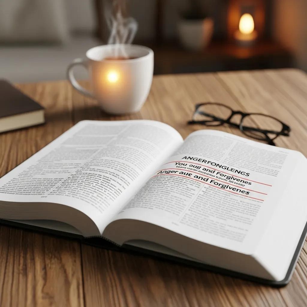 An open book with the heading ANGER/FORGIVENESS highlighted, sits on a wooden table next to a steaming cup of coffee, a closed book, and a lit candle in a cozy, softly lit setting.