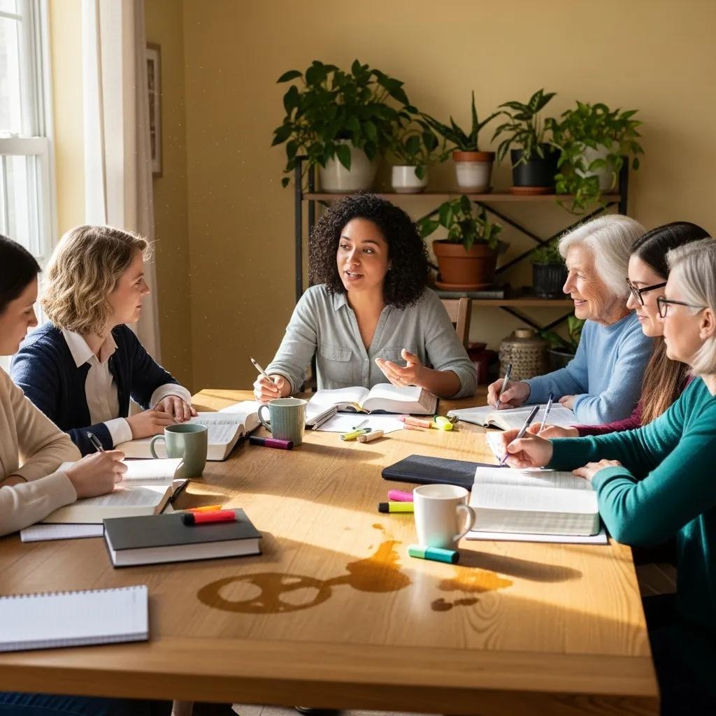 Six women of different ages sit around a wooden table with notebooks, pens, and coffee mugs, engaged in a lively group discussion in a brightly lit room with plants in the background.