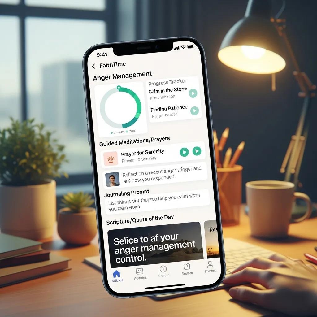 A smartphone displays an anger management app screen showing progress tracking, meditation guides, prayers, journaling prompts, and scripture. The phone is on a desk in a cozy, sunlit room with a plant and books.