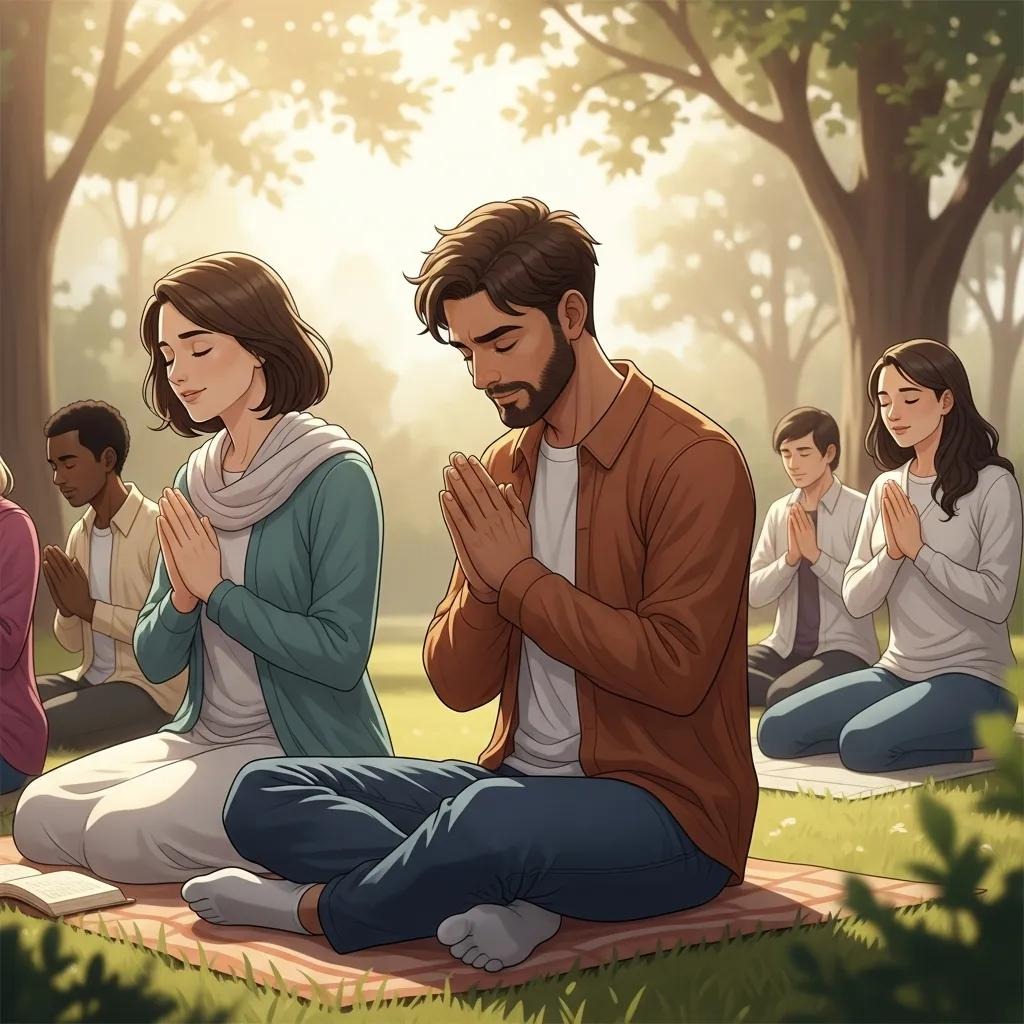 A diverse group of people sits cross-legged on the grass with hands in prayer position, meditating together in a peaceful, sunlit park surrounded by trees.