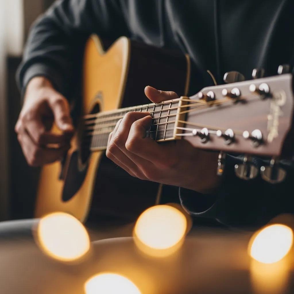 A person wearing a dark hoodie is playing an acoustic guitar indoors, with soft, warm lights blurred in the foreground.