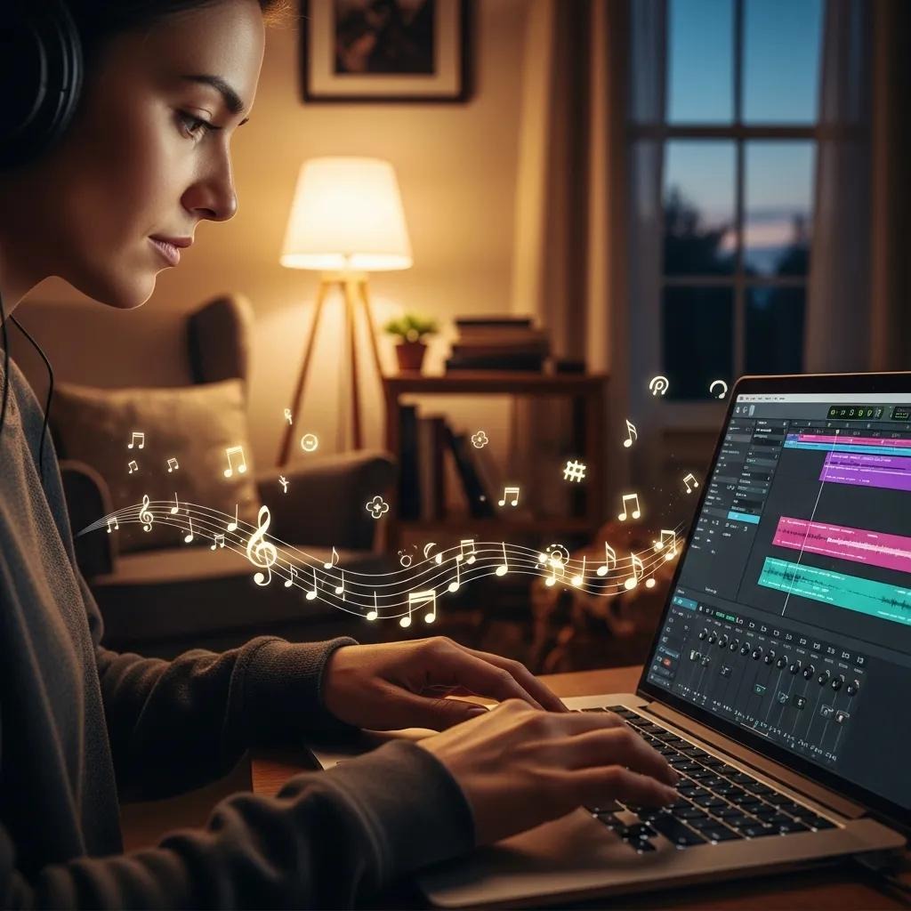 A person wearing headphones works on a laptop in a cozy, softly lit room, with musical notes and symbols appearing to float from the screen, suggesting music production or audio editing.