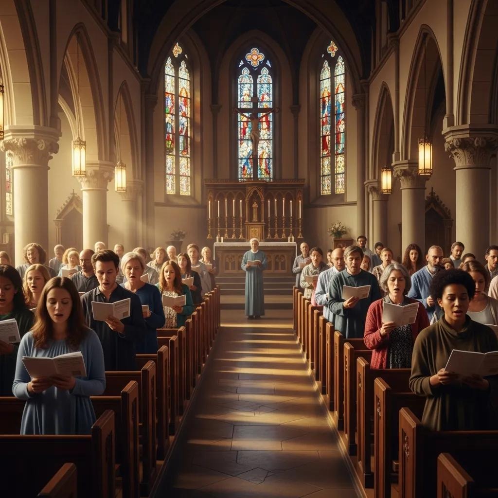 A diverse group of people stands in wooden pews, singing from hymnals inside a sunlit church with tall stained glass windows and ornate arches. An altar and a person in blue stand at the front of the sanctuary.