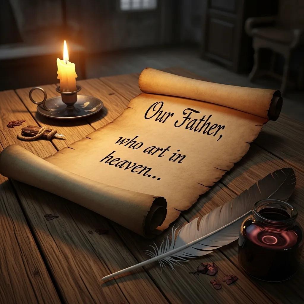 A rolled parchment on a wooden table displays the words “Our Father, who art in heaven...” beside a lit candle, an ink bottle, a feather quill, and scattered dried leaves in a dimly lit room.