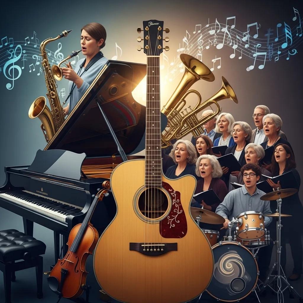 A group of older adults singing in a choir is surrounded by musical instruments, including a piano, guitar, saxophone, violin, trumpet, and drum set, with floating musical notes in the background.