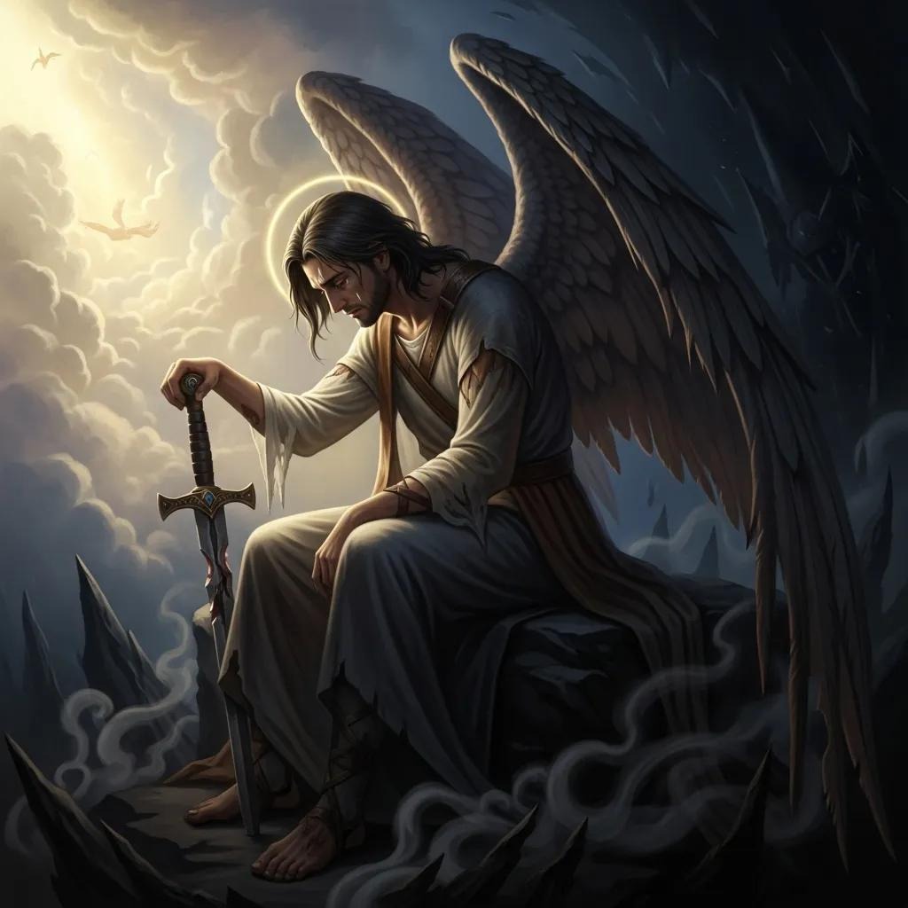 A somber angel with large wings sits on a rocky surface, head bowed and hands resting on the hilt of a sword. Light shines through clouds above, contrasting the dark, shadowy surroundings.