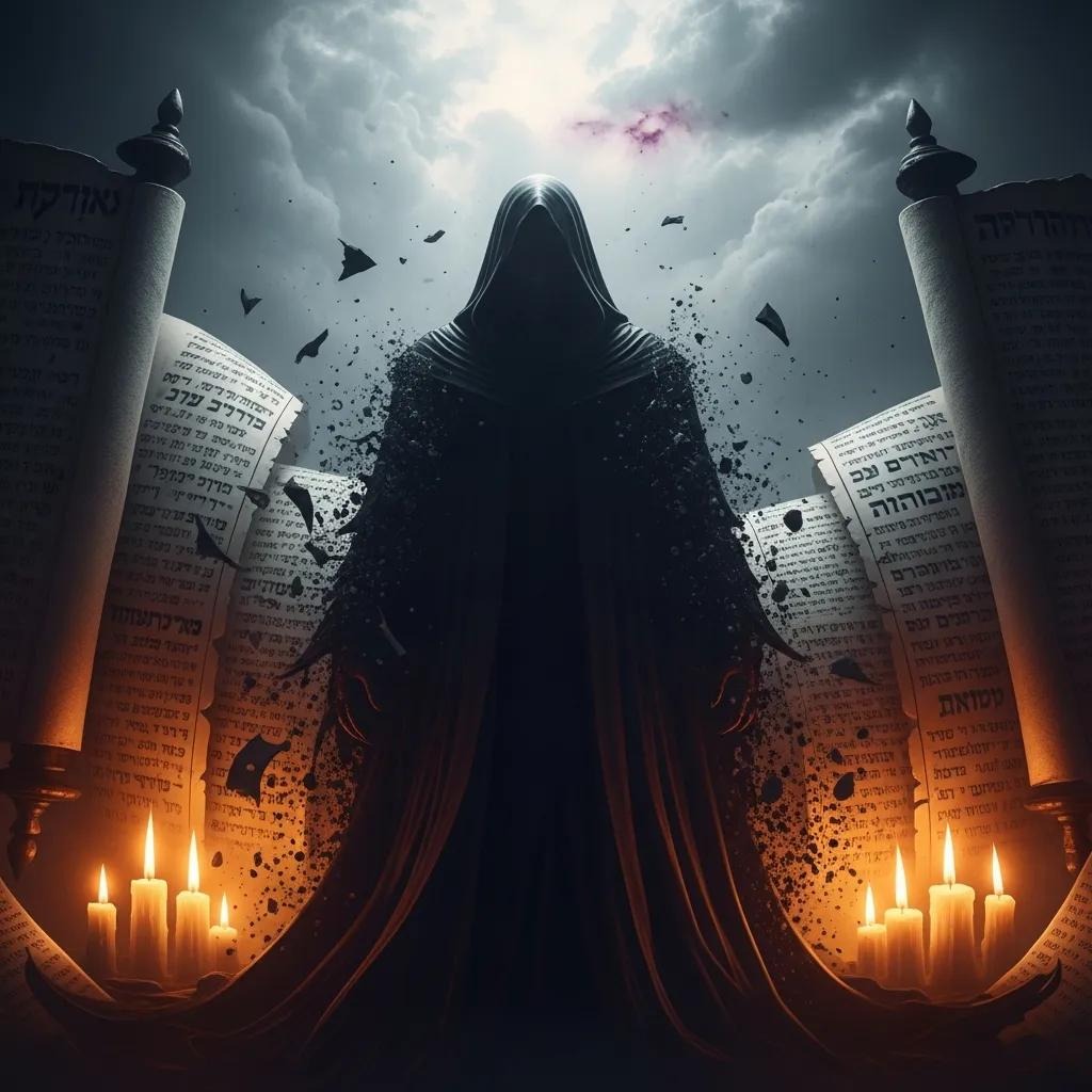 A hooded, shadowy figure stands between ancient scrolls, surrounded by lit candles and swirling dark particles. Dramatic clouds and faint purple light fill the sky, creating a mysterious and ominous atmosphere.