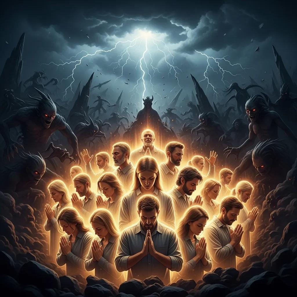 A group of people in white clothes pray together, surrounded by dark, shadowy creatures with glowing eyes. Bright light illuminates the group, while lightning splits the stormy sky above, creating a dramatic, tense atmosphere.