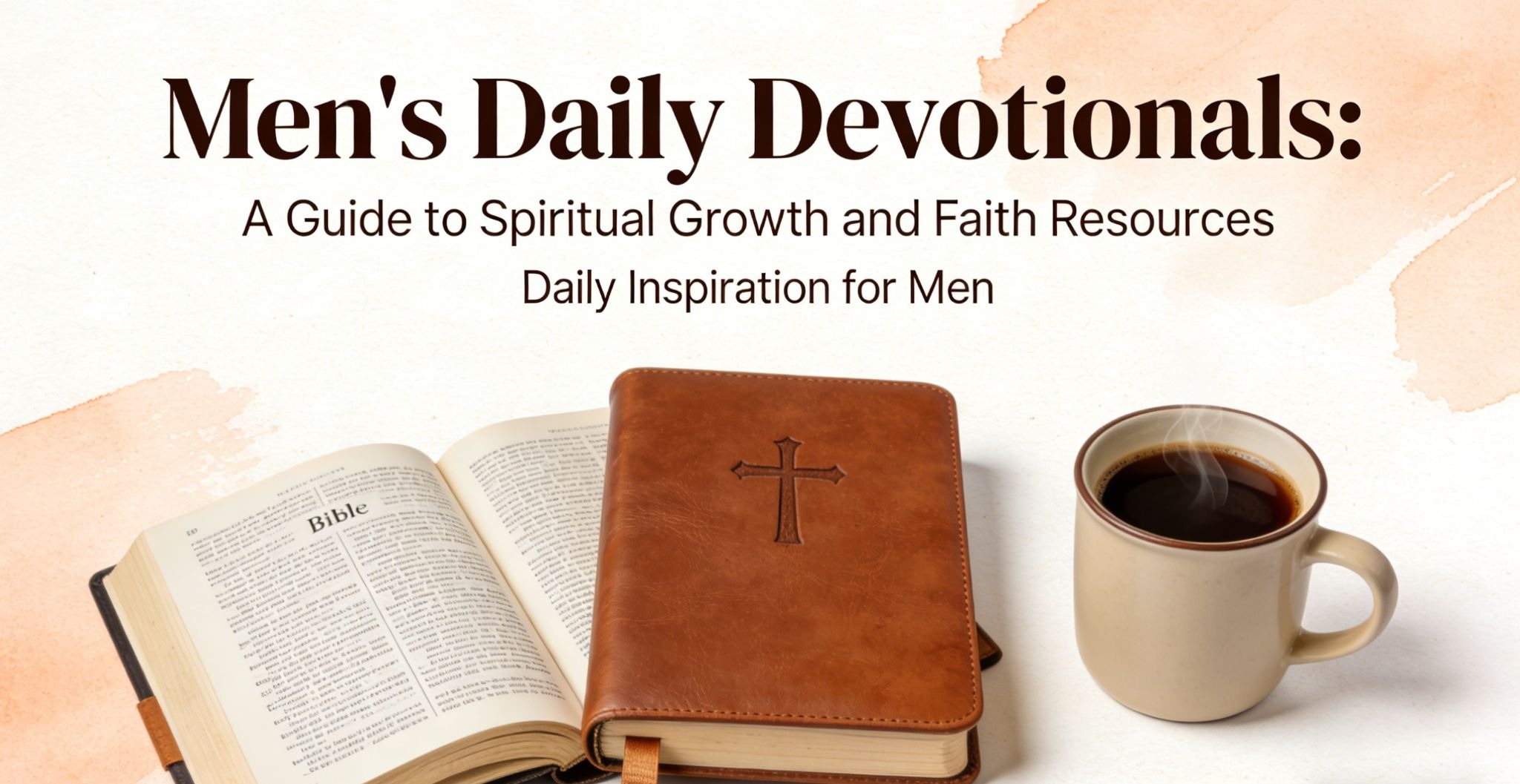 An open Bible, a brown journal with a cross on the cover, and a cup of coffee sit on a surface. Text above reads: Mens Daily Devotionals: A Guide to Spiritual Growth and Faith Resources. Daily Inspiration for Men.