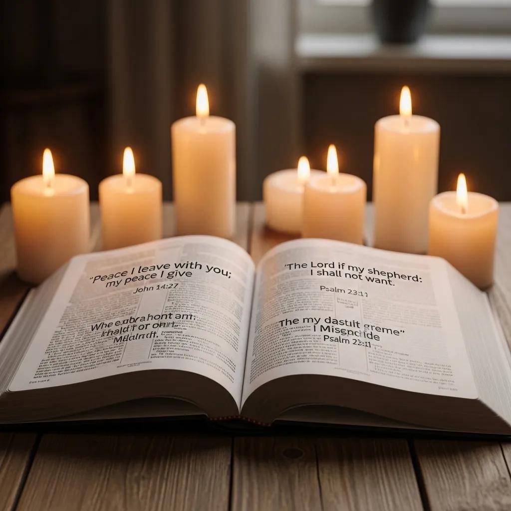 An open Bible on a wooden table, surrounded by seven lit candles. The Bible pages display various verses, and the background is softly lit, creating a warm, peaceful atmosphere.