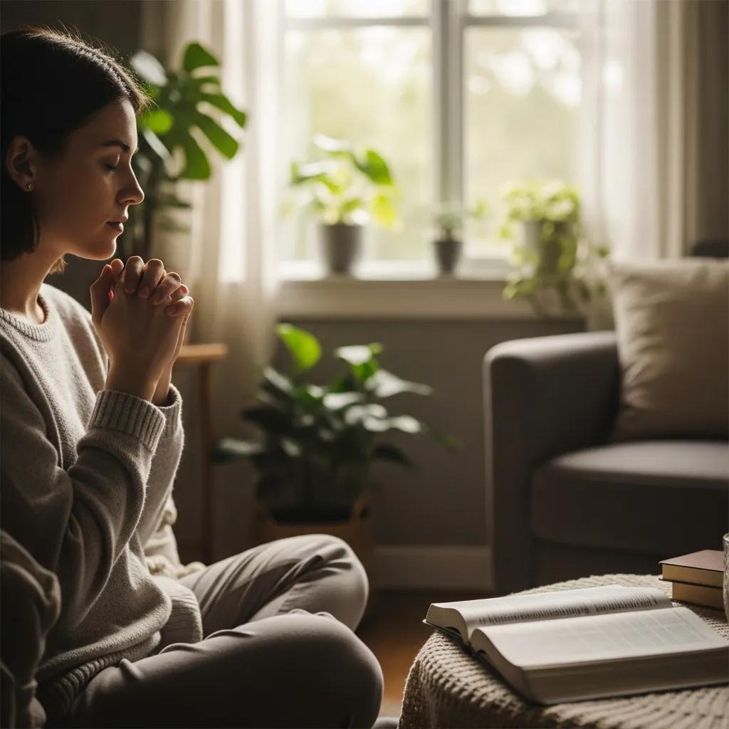 A woman sits cross-legged indoors, eyes closed and hands clasped in prayer, with an open book in front of her. Sunlight filters through a window behind her, and potted plants decorate the cozy room.