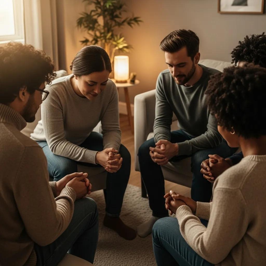 Four people sit in a cozy living room, heads bowed and hands clasped, appearing to pray or meditate together. Warm lighting and soft furnishings create a peaceful atmosphere.
