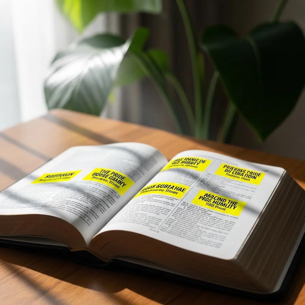 An open book on a wooden table, with several passages highlighted in yellow. Sunlight and shadows from a leafy plant fall across the pages, creating a calm, study-like atmosphere.