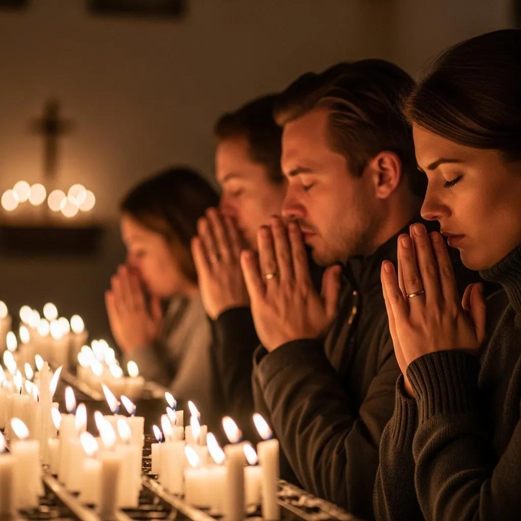 A group of people sit side by side, eyes closed and hands clasped in prayer, surrounded by rows of lit candles in a dimly lit church, with a cross visible in the background.