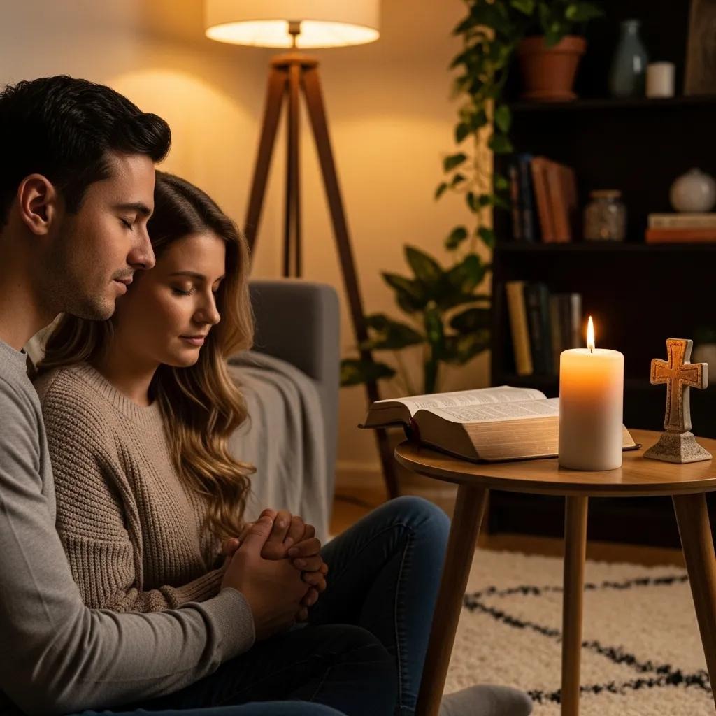A couple sits on the floor holding hands in prayer, eyes closed, near a table with a lit candle, an open Bible, and a small cross in a warmly lit, cozy living room.