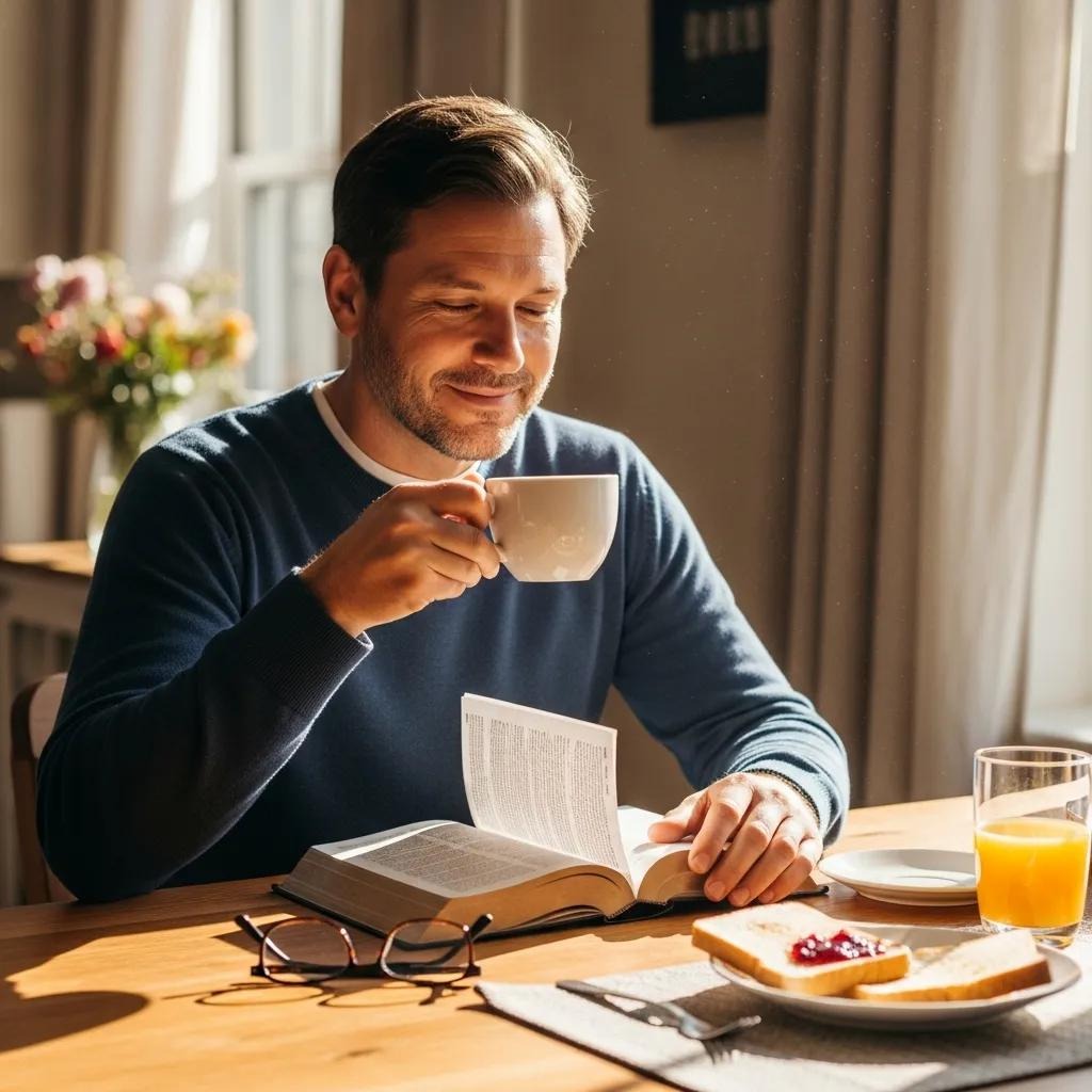 Man engaging in morning prayer with an open Bible and coffee, highlighting daily prayer techniques A man sits at a table enjoying coffee and reading a book, with toast, jam, and a glass of orange juice in front of him. Sunlight streams through a window, creating a warm, cozy atmosphere.