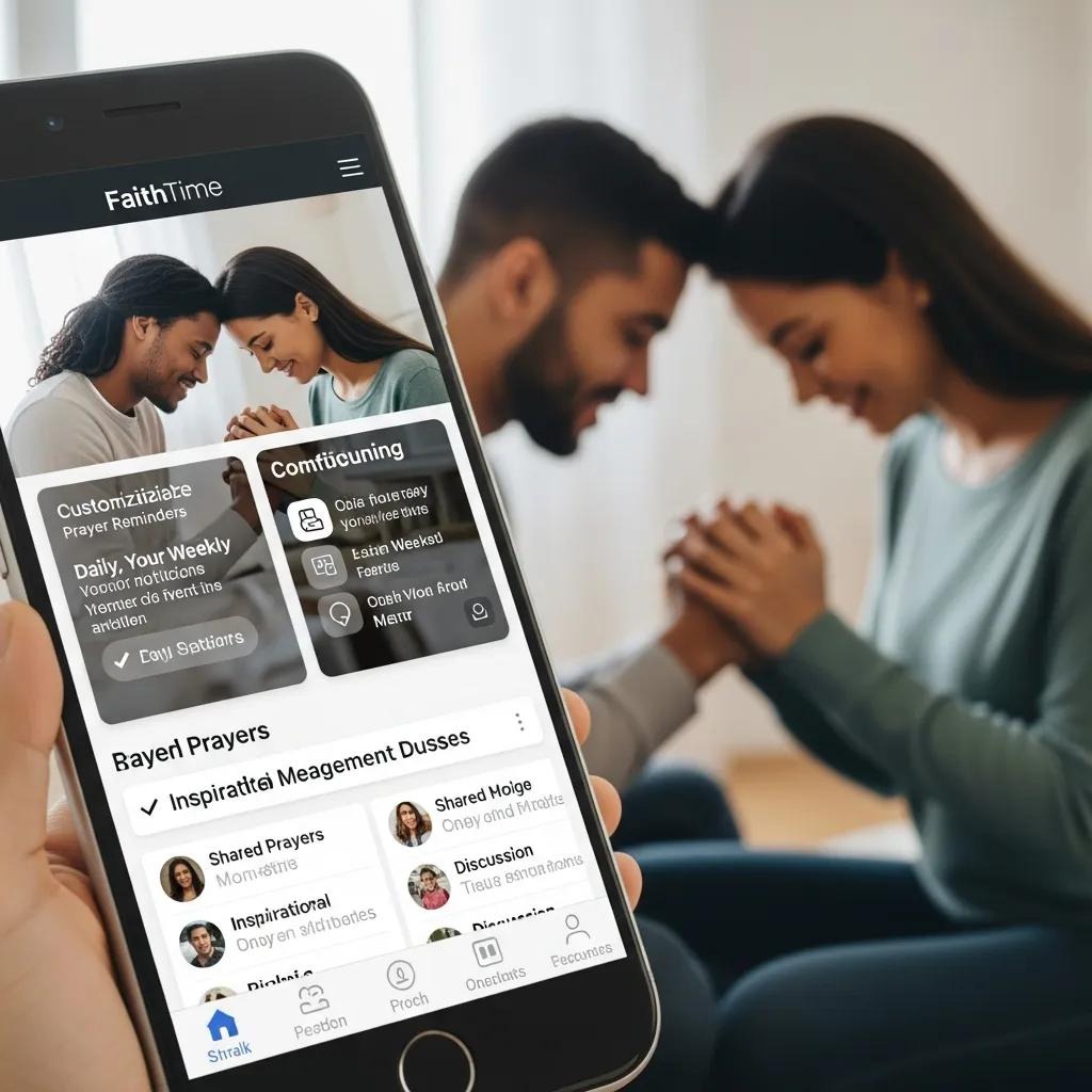 Smartphone displaying the FaithTime app, showcasing features for daily prayer and Bible study A person holds a smartphone displaying a faith-based prayer app, while a man and woman sit together in the background, holding hands and praying with eyes closed.