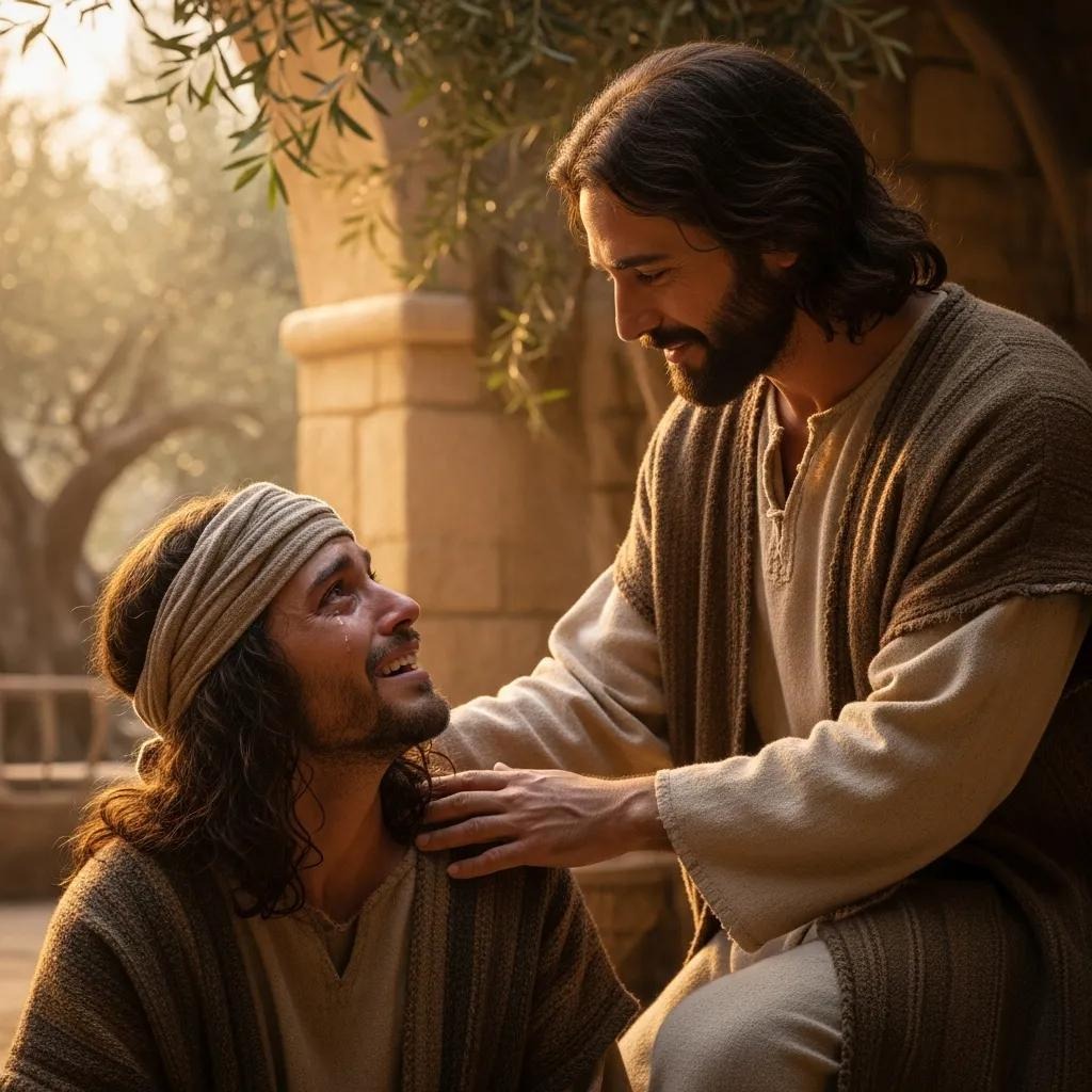 Two men in ancient-style robes, one kneeling and smiling up at the other, who stands with a comforting hand on his shoulder, set in a sunlit, stone courtyard with olive trees in the background.