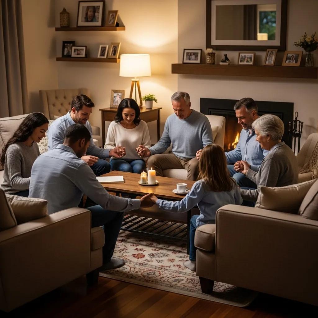 A family of seven, spanning three generations, sits in a cozy living room holding hands in prayer around a coffee table with candles, books, and cups, with a lit fireplace and framed photos in the background.