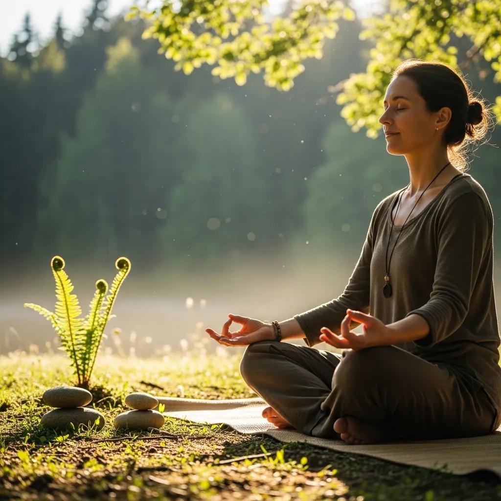 A woman sits cross-legged on a mat outdoors, meditating with eyes closed and hands in a mudra position. Sunlight filters through trees, and stacked stones with green ferns are beside her, creating a peaceful, natural setting.