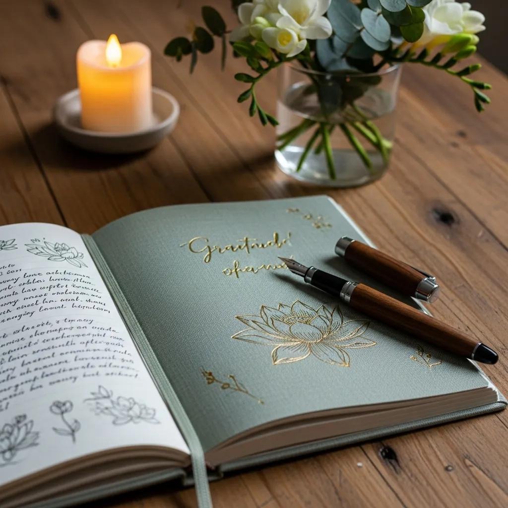 A gratitude journal with gold-embossed lotus design lies open on a wooden table, alongside two pens. A lit candle and a vase of white flowers are in the background, creating a calm, cozy atmosphere.