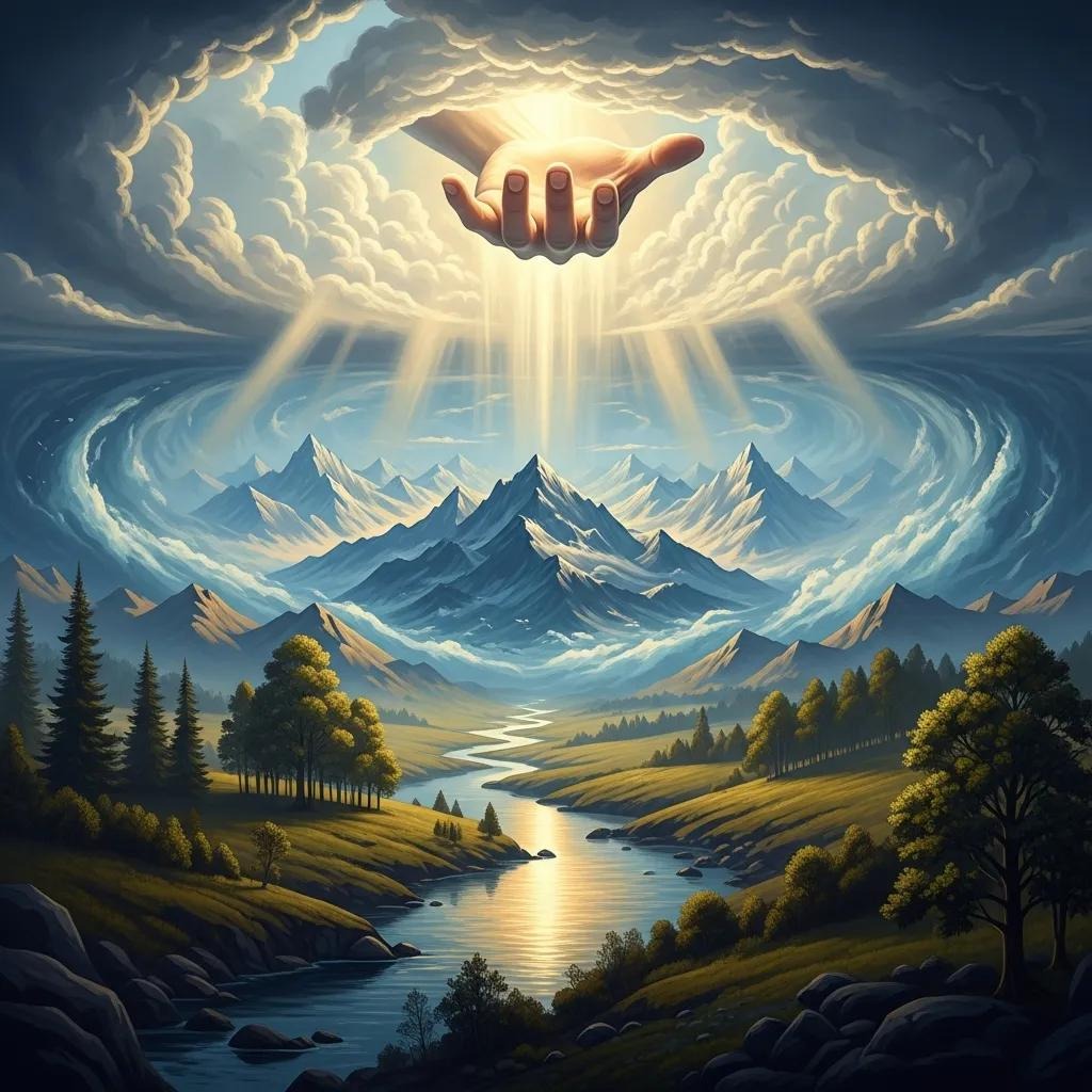 A glowing hand emerges from swirling clouds, casting rays of light over a majestic mountain range, winding river, and lush green valley with trees under a tranquil sky.
