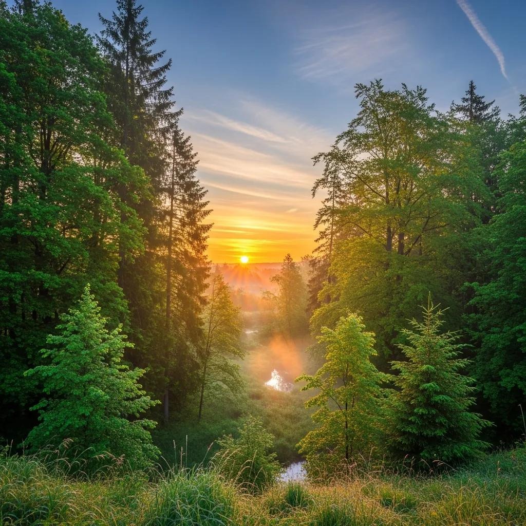 Sunrise over a lush green forest with tall trees on both sides, golden sunlight streaming through the foliage, mist rising from the ground, and a small stream reflecting the morning light in the center.