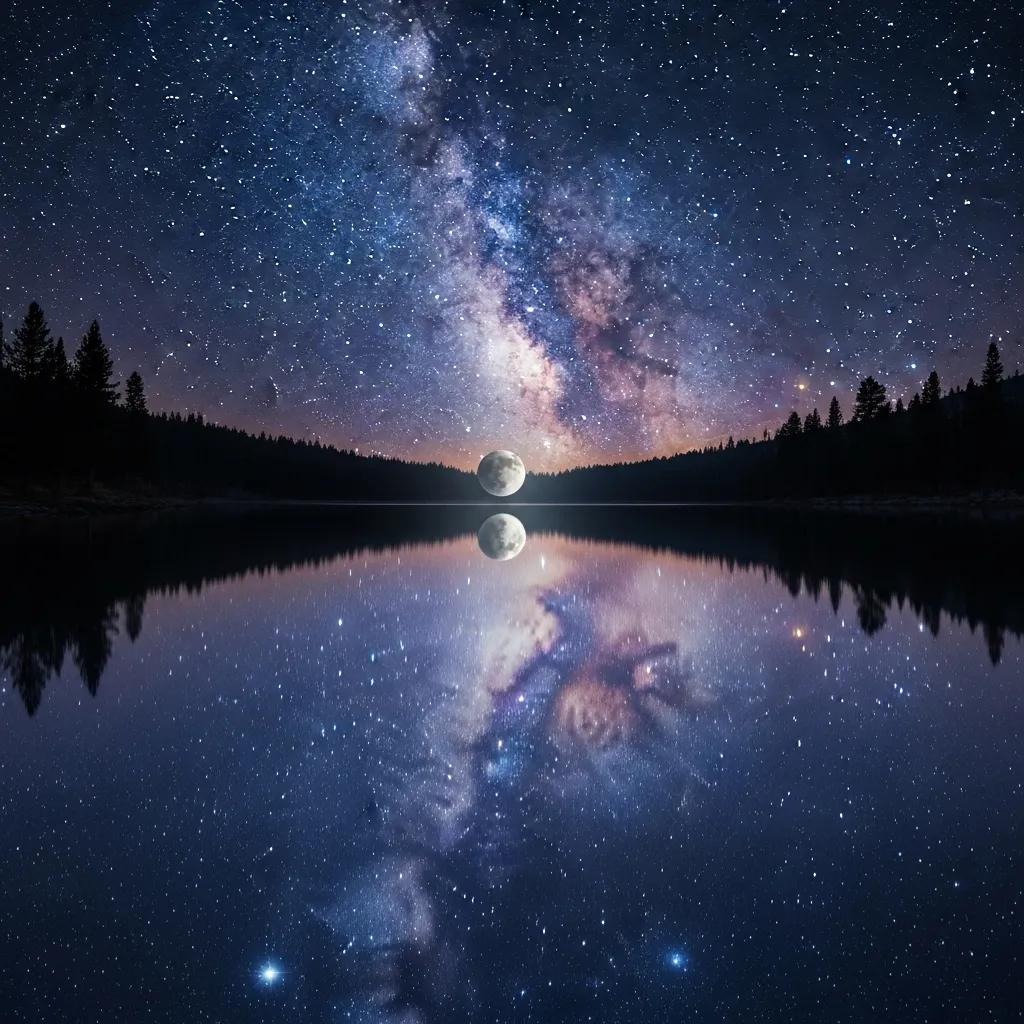 A star-filled night sky with the Milky Way and crescent moon is reflected perfectly on a calm lake, framed by silhouettes of trees along the shore. The stars and moon create a symmetrical, serene scene.