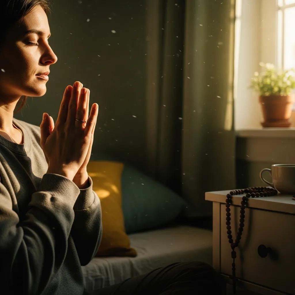 A woman sits calmly with eyes closed and hands pressed together in prayer or meditation beside a bed. Soft sunlight streams through a window, illuminating dust particles and a plant on a nearby nightstand.