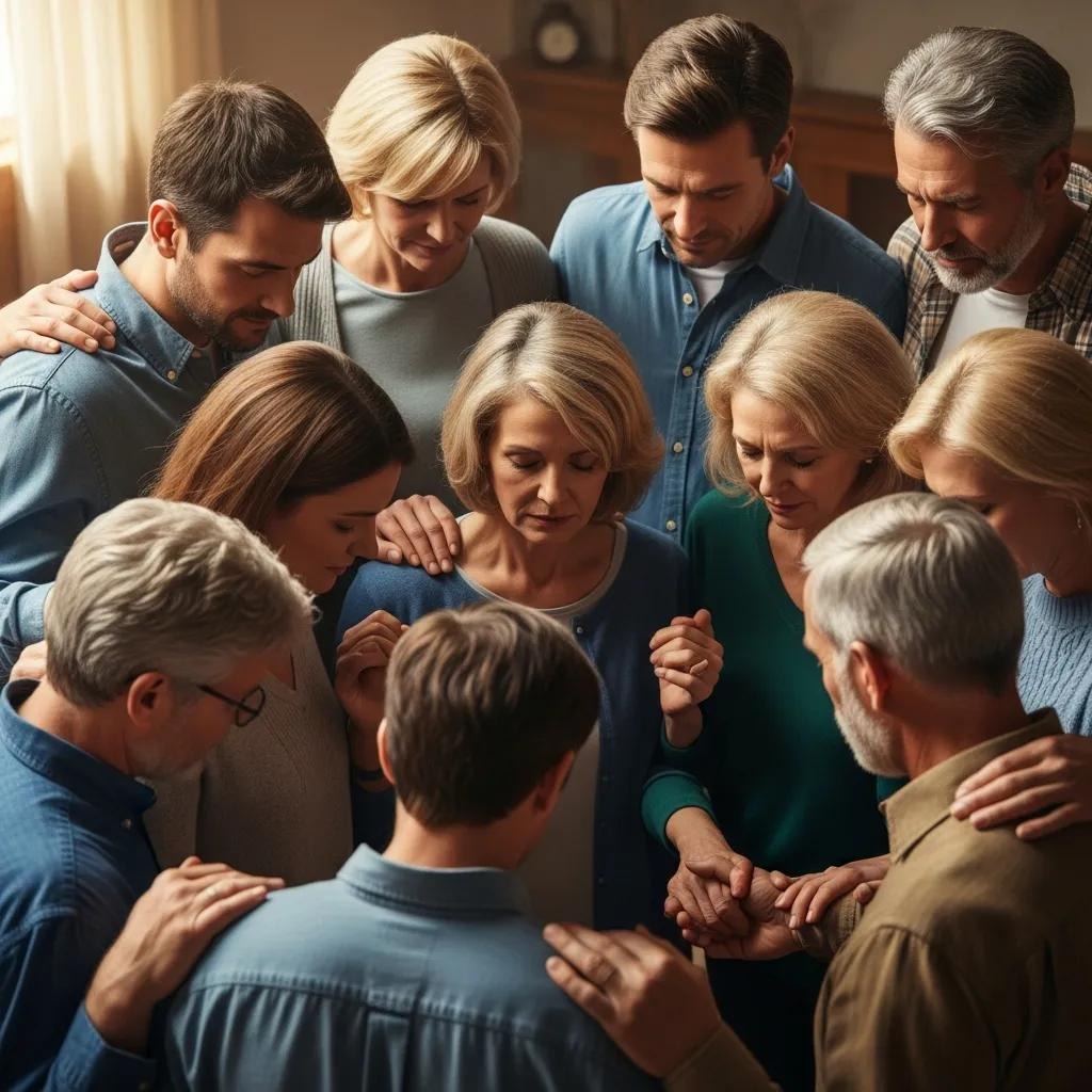 A group of adults standing closely together in a circle, holding hands and bowing their heads in a gesture of support or prayer, with warm indoor lighting creating a comforting atmosphere.