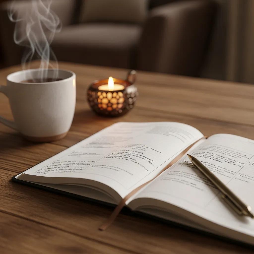 A steaming mug, a lit candle, and an open planner with a pen rest on a wooden table, creating a cozy and inviting workspace atmosphere.