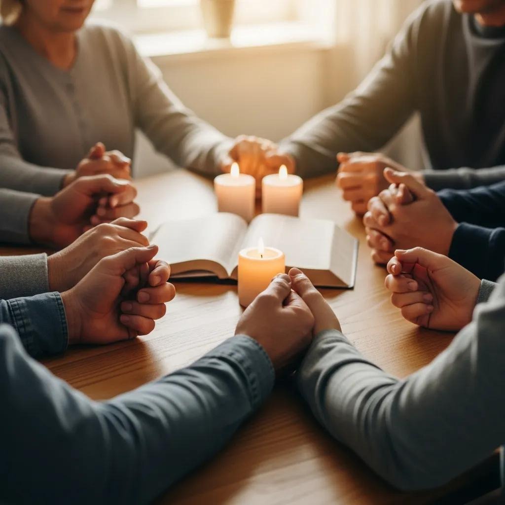 A group of people sit around a table holding hands in prayer, with an open book and three lit candles in the center, creating a warm, peaceful atmosphere.