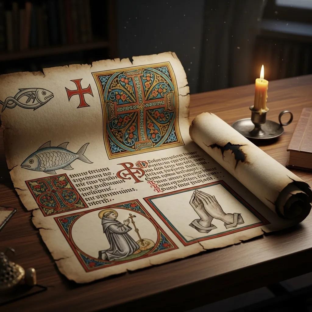 An ancient illuminated manuscript lies open on a wooden desk, featuring colorful illustrations of fish, a cross, medieval motifs, a praying figure, and hands in prayer. A lit candle and books sit nearby, casting a warm glow.