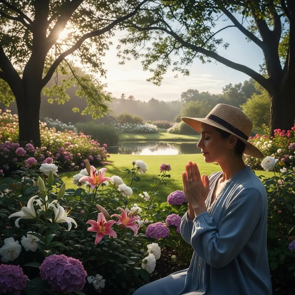 A woman in a straw hat and light blue dress sits peacefully among blooming flowers in a sunlit garden, eyes closed and hands in prayer, with trees and a pond in the background.