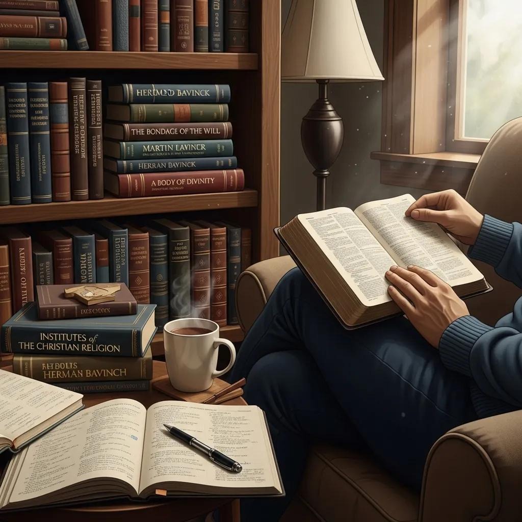 A person sits in a cozy library reading a book, surrounded by bookshelves, open books, a cup of coffee, a lamp, and sunlight streaming through a window, creating a warm and peaceful atmosphere.