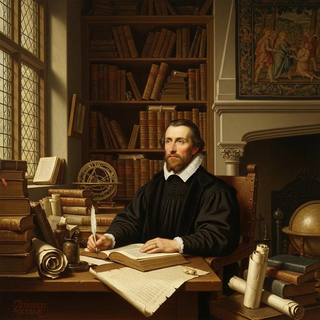A man in historical clothing writes with a quill at a wooden desk in a study filled with books, scrolls, a globe, and an astrolabe. Sunlight streams through a window, and a detailed tapestry hangs on the wall.