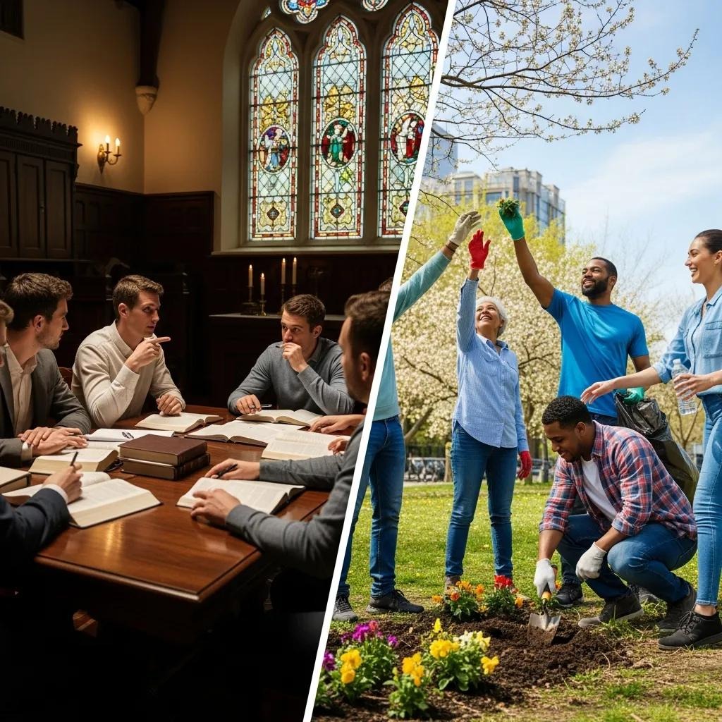 Split image: On the left, people sit around a table in a church-like room with stained glass windows, reading books. On the right, a diverse group plants flowers in a park, smiling and working together outdoors.