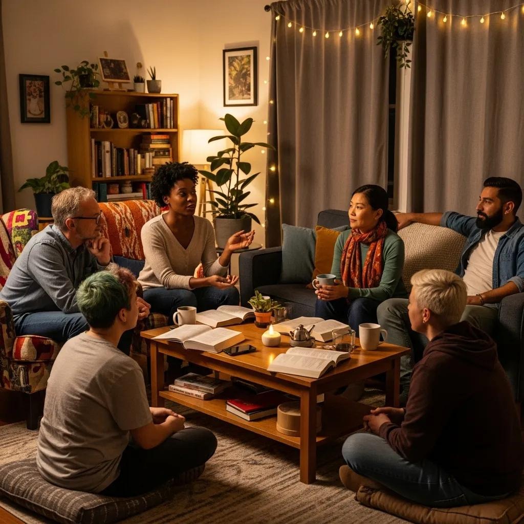 A diverse group of six people sits in a cozy living room, engaged in discussion. Books and mugs are on the coffee table, and string lights and plants add a warm atmosphere.