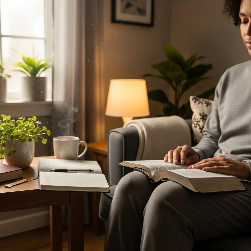 A person sitting on a sofa reading a book, with a notebook, pen, and steaming mug on a wooden table nearby. A lamp, potted plant, and window add a warm, cozy atmosphere to the room.