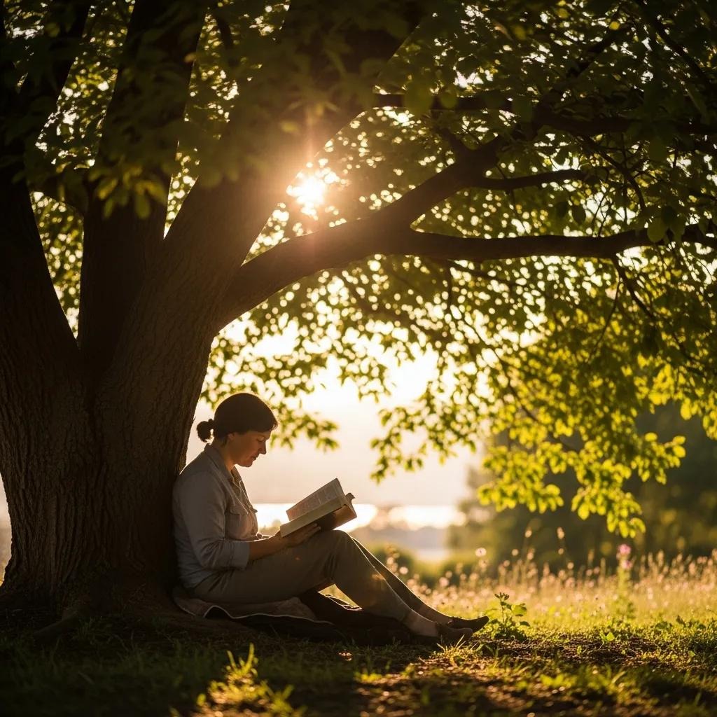 A person sits under a large tree, reading a book in the soft, golden sunlight. The scene is peaceful, with lush green leaves overhead and sunlight filtering through, creating a serene atmosphere.