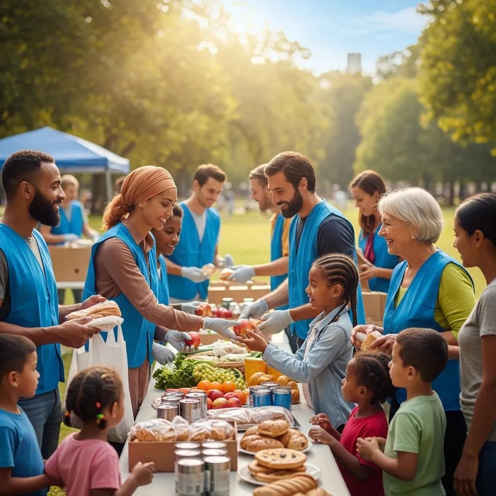 A diverse group of volunteers in blue vests serve food to smiling children at an outdoor community event in a sunny park, with tables filled with fresh produce and canned goods.