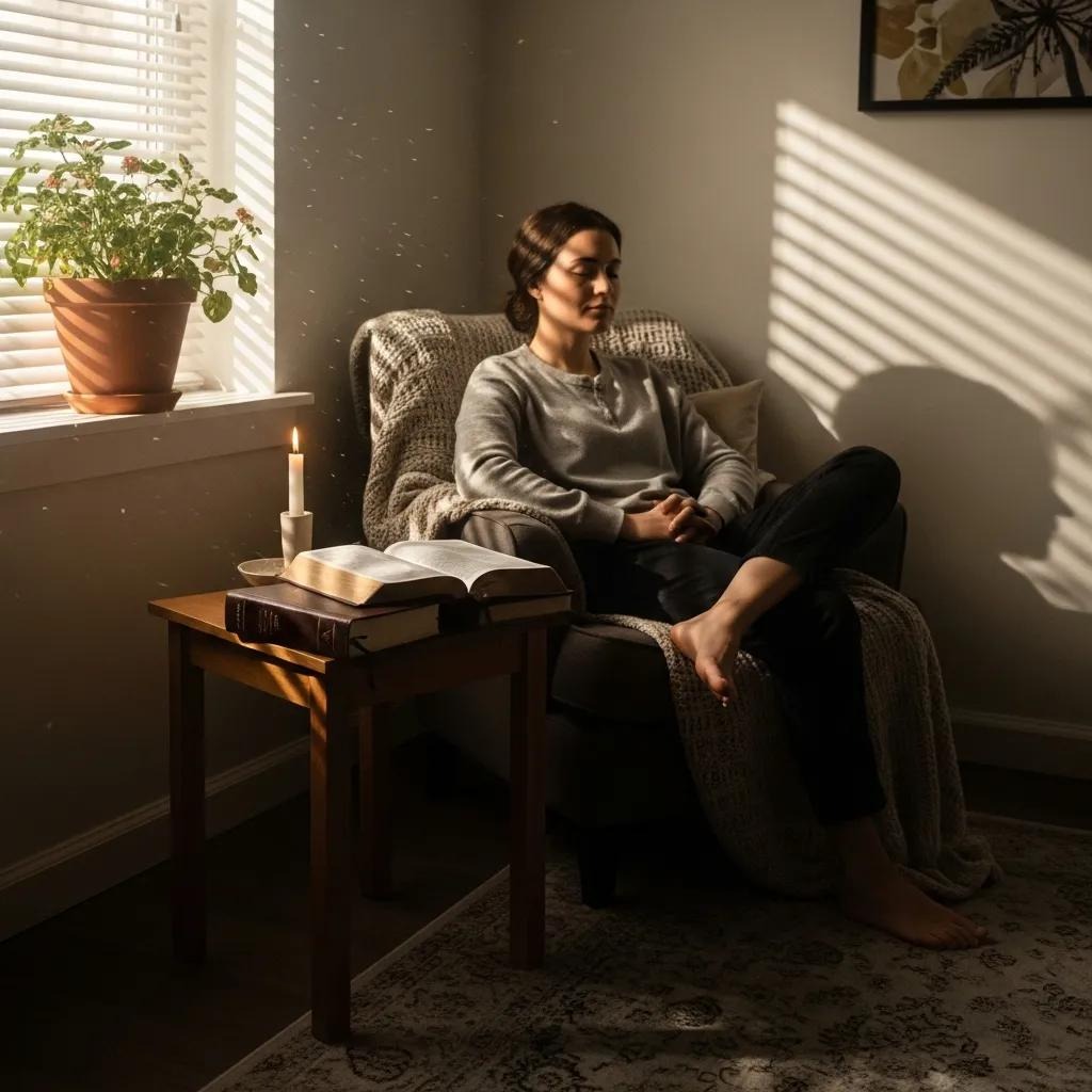 A woman sits in a cozy armchair by a sunlit window, eyes closed and barefoot, with a book and lit candle on a small wooden table beside her. A potted plant and framed wall art add to the peaceful, warm atmosphere.