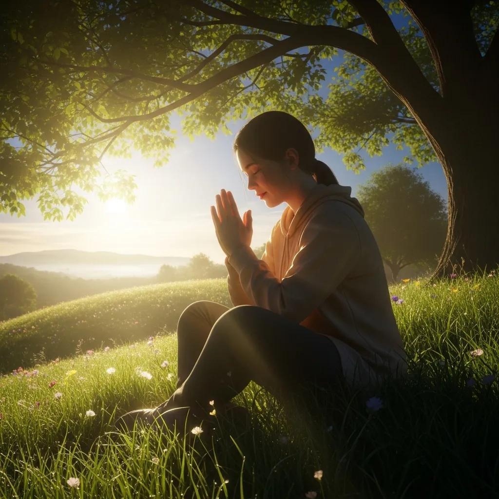 A woman sits cross-legged on grass under a tree at sunrise, eyes closed and hands pressed together in meditation, surrounded by wildflowers with sunlight streaming through the branches.