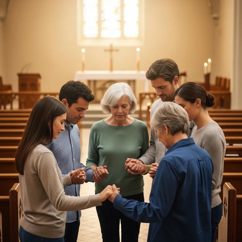 A group of six people, spanning different ages, stand in a church pew holding hands in a circle, eyes closed in prayer. Sunlight streams through stained glass windows behind the altar.