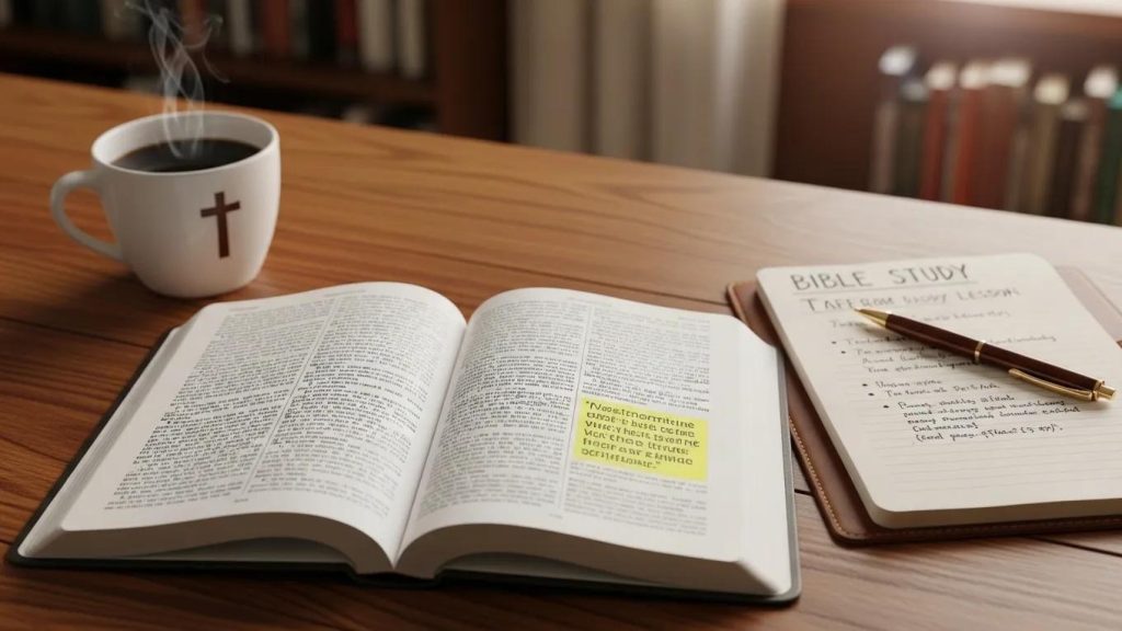 An open Bible with a highlighted passage sits on a wooden table next to a notebook labeled Bible Study and a pen. A steaming mug with a cross design is also on the table. Books are blurred in the background.