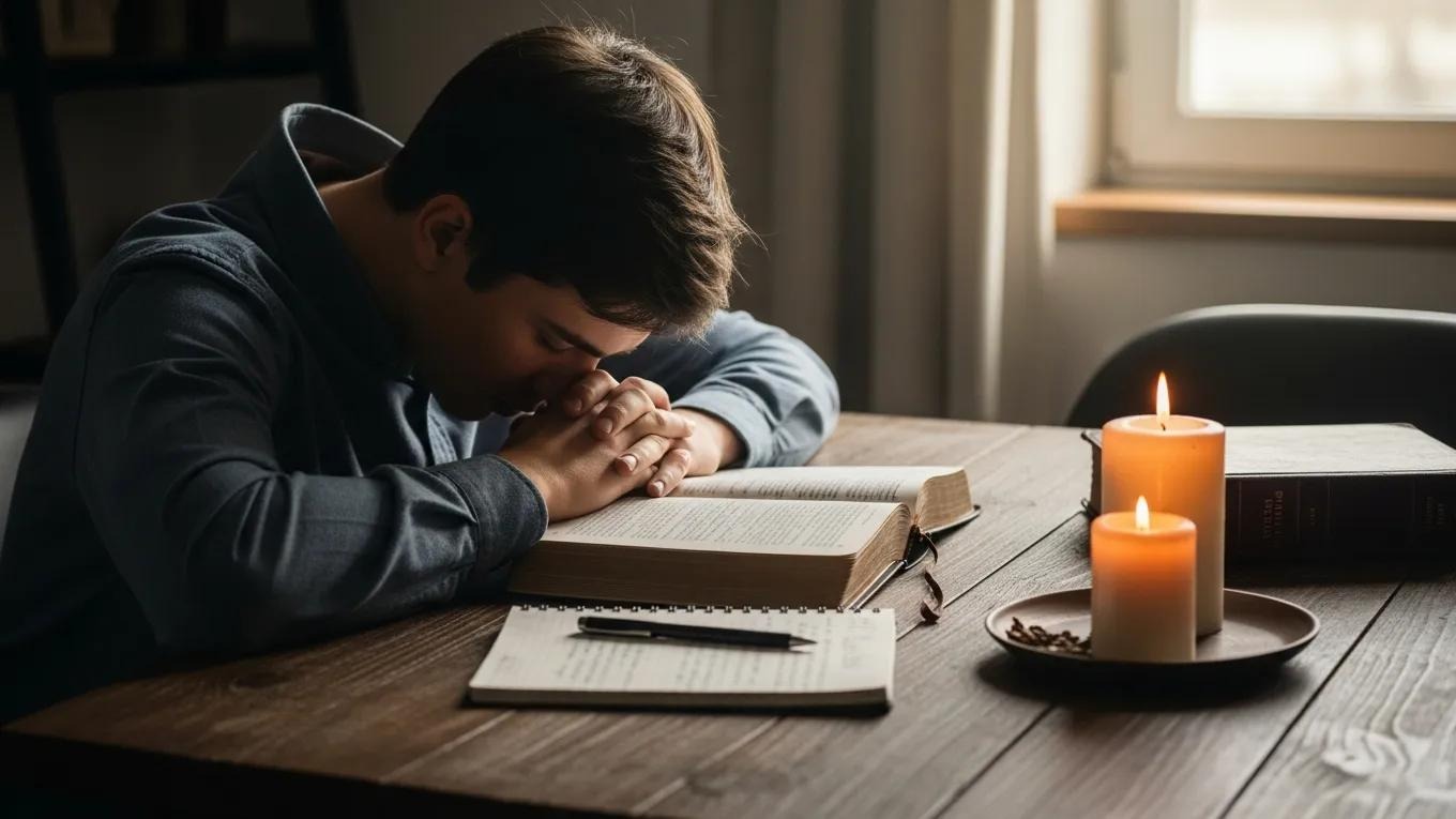 A young person sits at a wooden table with an open book, head bowed in prayer, hands clasped. Lit candles and notebooks with a pen are on the table beside them. Soft daylight enters through a nearby window.