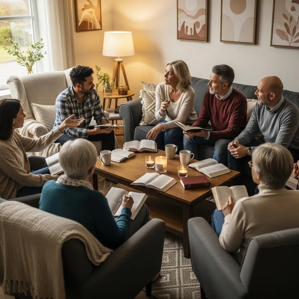 A group of adults sits in a cozy living room, gathered in a circle with open books and cups of coffee, engaged in a thoughtful discussion. Warm lighting and candles create a welcoming atmosphere.